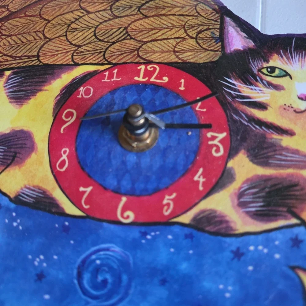 Wendy Costa 1994 Whimsical Flying Cat Wall Clock City Sky Line